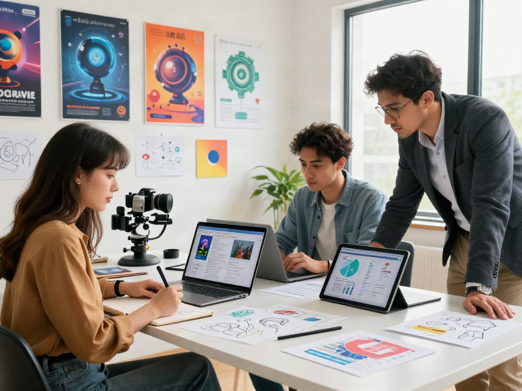 Creative team collaborating on AI content strategies, showcasing diverse professionals engaged with laptops, sketches, and analytics in a bright workspace. ai nsfw