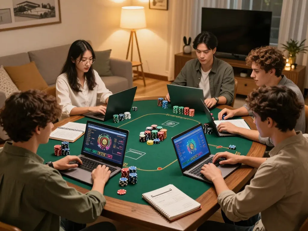 Friends engaging in an exciting online poker game, highlighting game bài đổi thưởng uy tín in a cozy home setting.