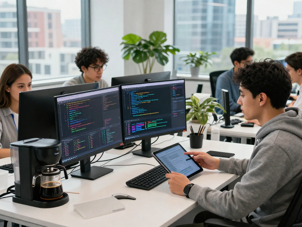 Collaboration in tech workspace focusing on juicy ai project with developers coding and discussing.