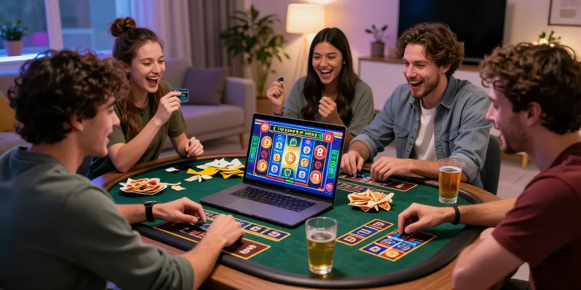 Friends enjoying credit card casinos together online, engaged and cheerful in a cozy gaming environment with vibrant graphics.