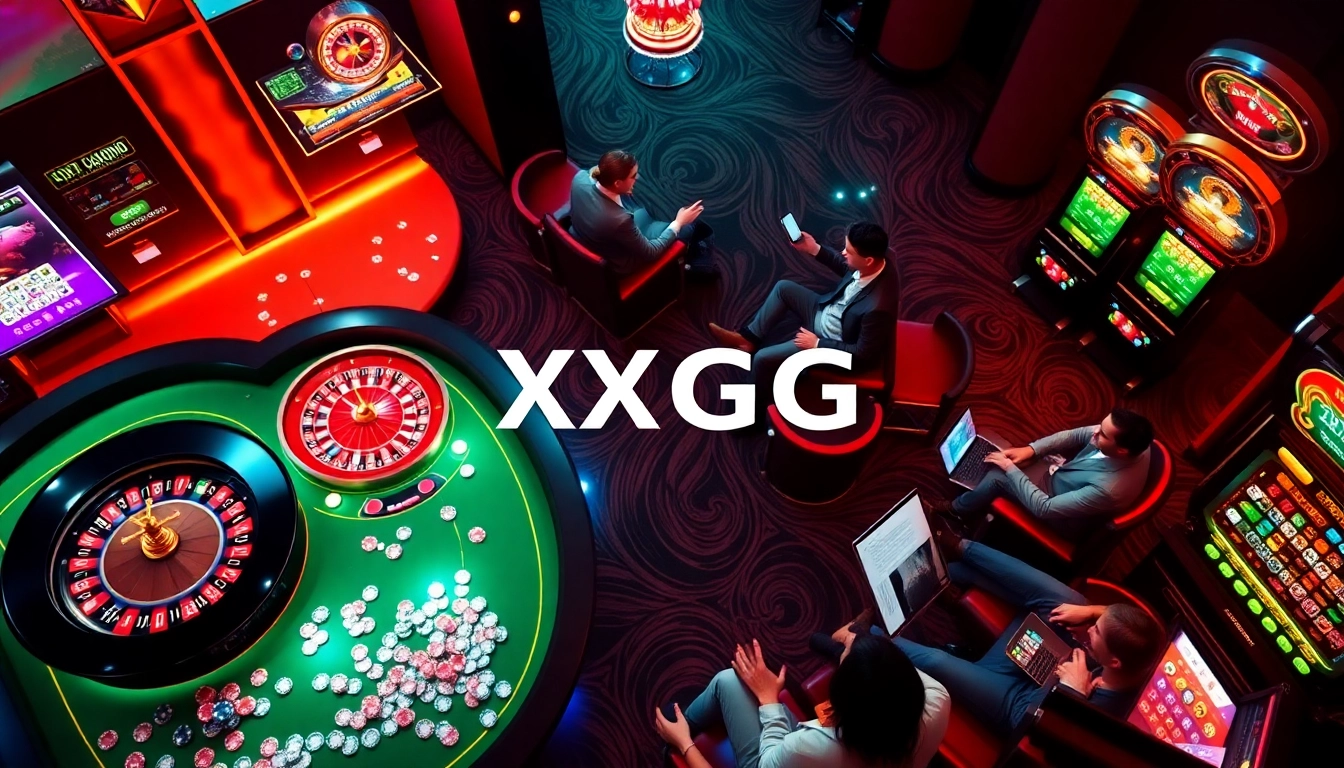 Engaging online gambling scene featuring XXGG casino tables and vibrant slot machines amidst luxury.