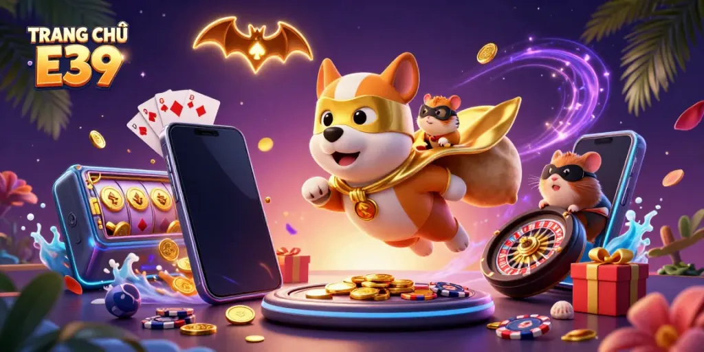 Engage in vibrant gaming at TRANG CHỦ E39 with a cartoon dog superhero amidst spectacular casino graphics.