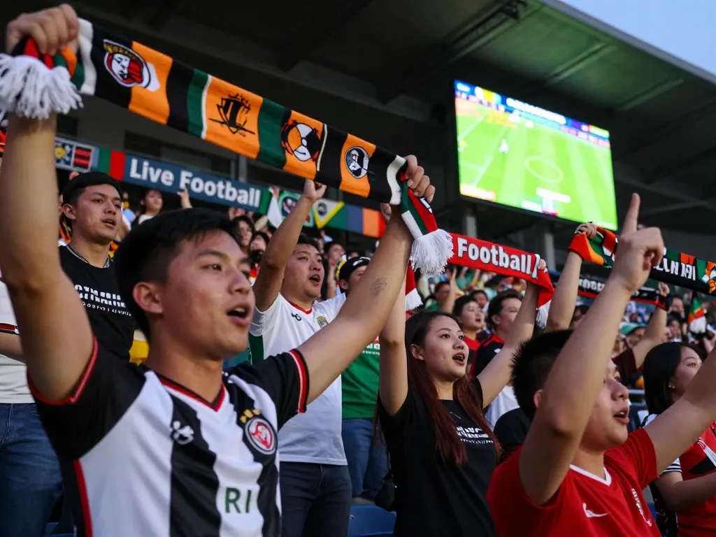 Excited fans celebrating Trực tiếp bóng đá CakhiaTV in a vibrant stadium during a live match