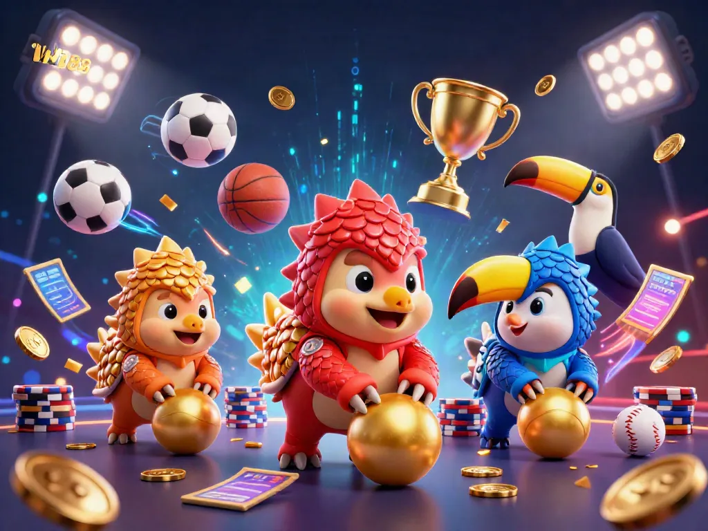Bowling pangolins in w188 casino gaming scene, competing with poker chips and sports elements.