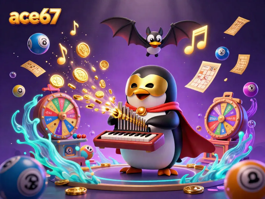 Experience thrilling wins at ace67 with a lively penguin playing music amidst colorful casino elements.