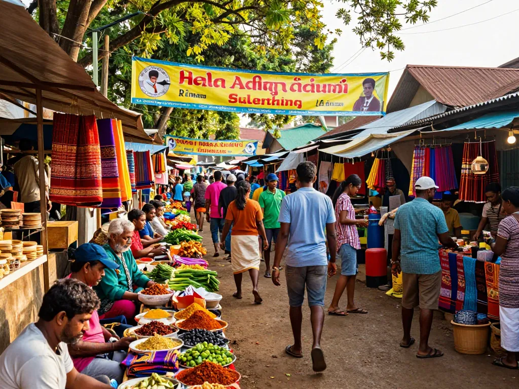 Vibrant local market scene featuring Hela Ad promotions and lively vendors in Sri Lanka.