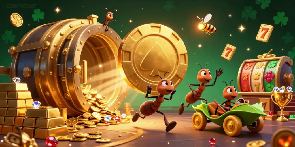 Gamblers engage with cosmobet at a vibrant 3D casino heist with golden treasures and dynamic gameplay.