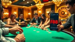 Players enjoy an intense poker game at Nhà Cái FB88 with vibrant casino elements.