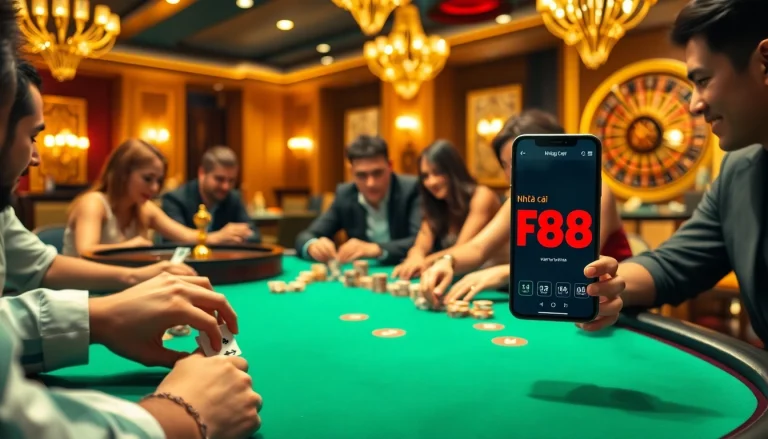 Players enjoy an intense poker game at Nhà Cái FB88 with vibrant casino elements.