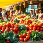 Showcase an assortment of vibrant Healthy Food in a lively market scene, emphasizing freshness and community.