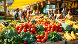 Showcase an assortment of vibrant Healthy Food in a lively market scene, emphasizing freshness and community.