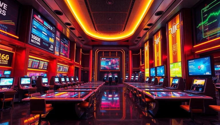 Explore new technology in a futuristic casino, showcasing advanced betting systems and sleek gaming designs.