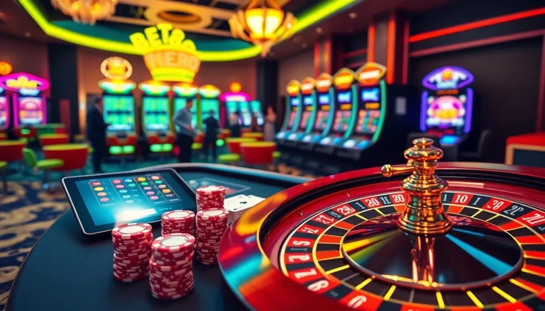 BET88 casino scene featuring roulette, poker chips, and vibrant slot machines celebrating exciting wins.