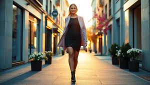 Confident woman wearing elegant attire in an urban setting showcasing Women Fashion trends.