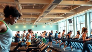 Diverse group workouts promoting weight loss in a vibrant gym environment.