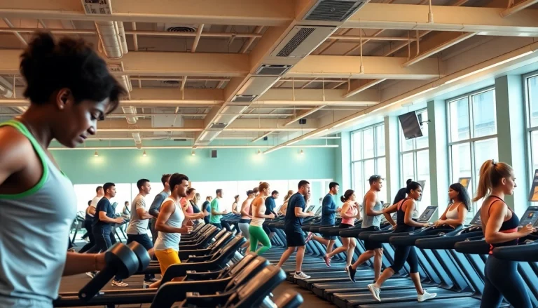 Diverse group workouts promoting weight loss in a vibrant gym environment.