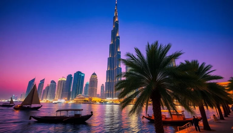 Experience travel to Dubai with a vibrant skyline featuring Burj Khalifa, traditional dhows, and a lively waterfront.