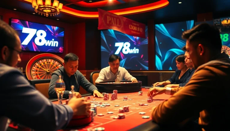"Engaging scene at trang chủ 78win, featuring players immersed in poker excitement with colorful chips and a spinning roulette."