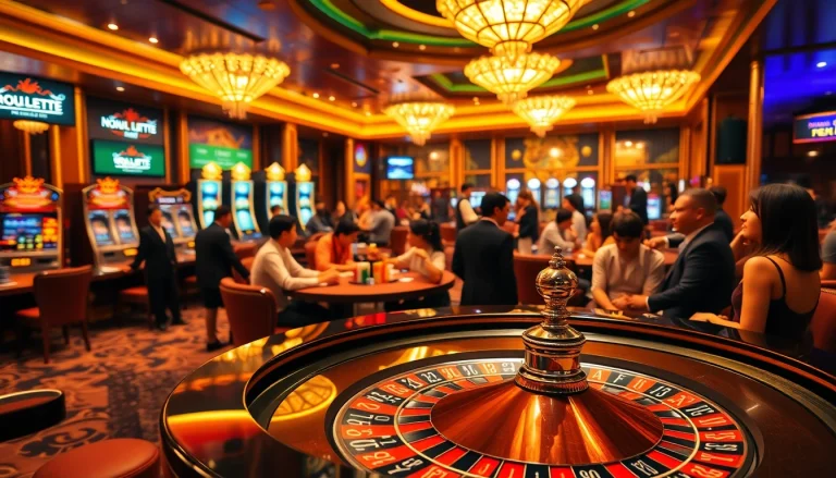 Engaging scene of an upscale casino, highlighting Nhà cái uy tín at the roulette table with excited players.