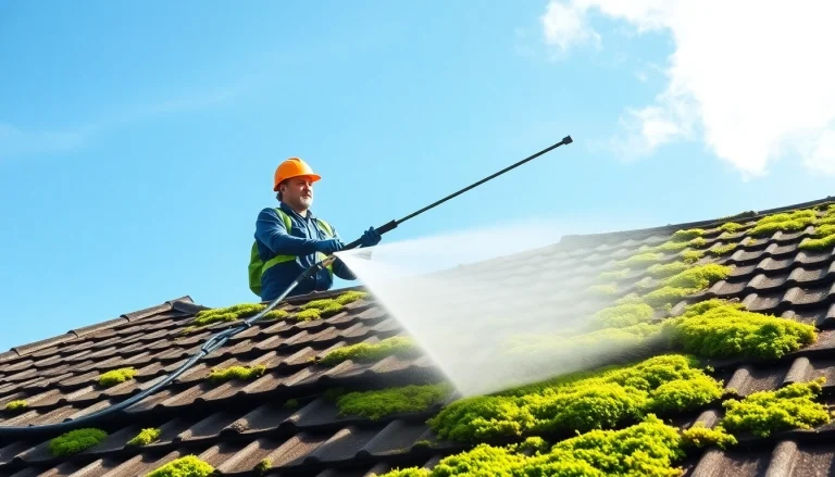 Efficient moss removal from a rooftop using a high-pressure washer.