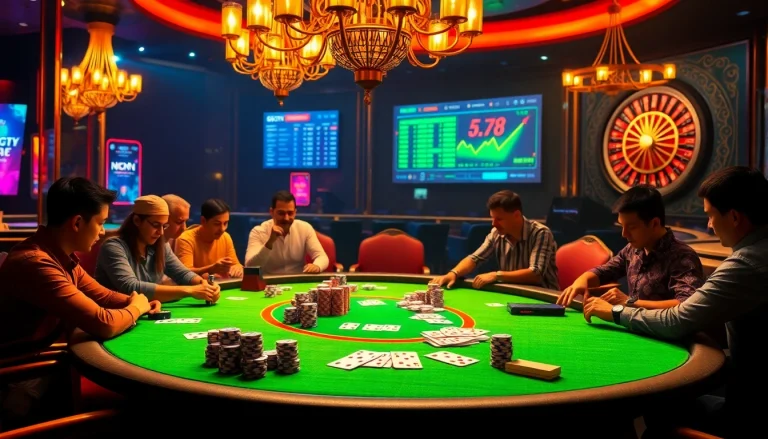 Exciting poker game at a luxurious casino table promoting nhà cái 69VN services.