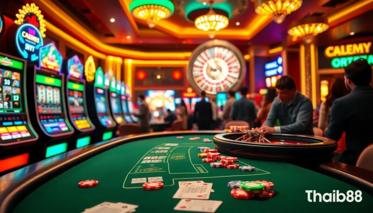 Experience the thrill of thabet88 at a vibrant casino with action-packed gaming, including blackjack, slots, and roulette wheels.