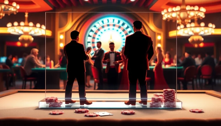 A lively casino scene featuring colorful acrylic standees of characters in elegant attire, showcasing gambling excitement.