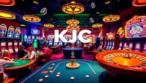 Exciting scene in a casino showcasing KJC AC 2 with poker tables and slot machines.