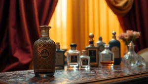 Explore exquisite Arabian perfume bottles set against rich, decorative backgrounds.