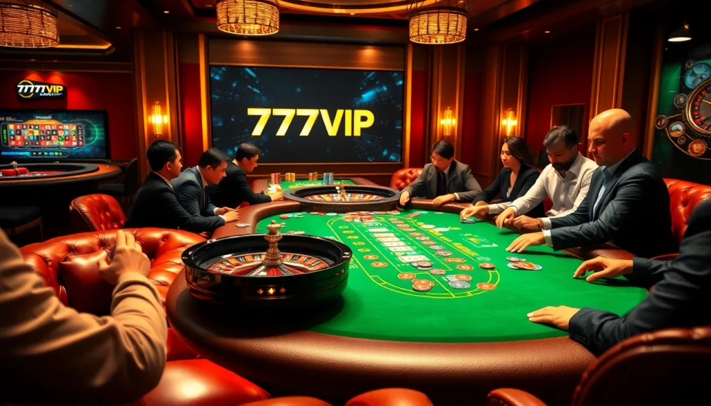 Players strategizing at a luxurious poker table featuring 777VIP branding, capturing the excitement of high-stakes gambling.