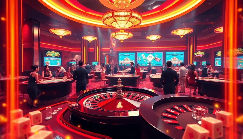 Players enjoying an engaging session at Nhà cái Thabet, featuring vibrant casino tables and exciting games.