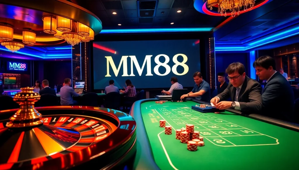 Experience the thrill of gambling at MM88 with poker chips and a roulette wheel.