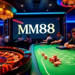Experience the thrill of gambling at MM88 with poker chips and a roulette wheel.