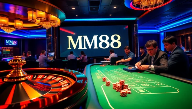 Experience the thrill of gambling at MM88 with poker chips and a roulette wheel.