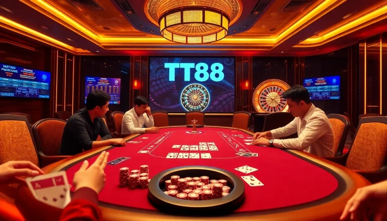 TT88 poker players strategizing at a high-stakes game table in an exciting casino atmosphere.