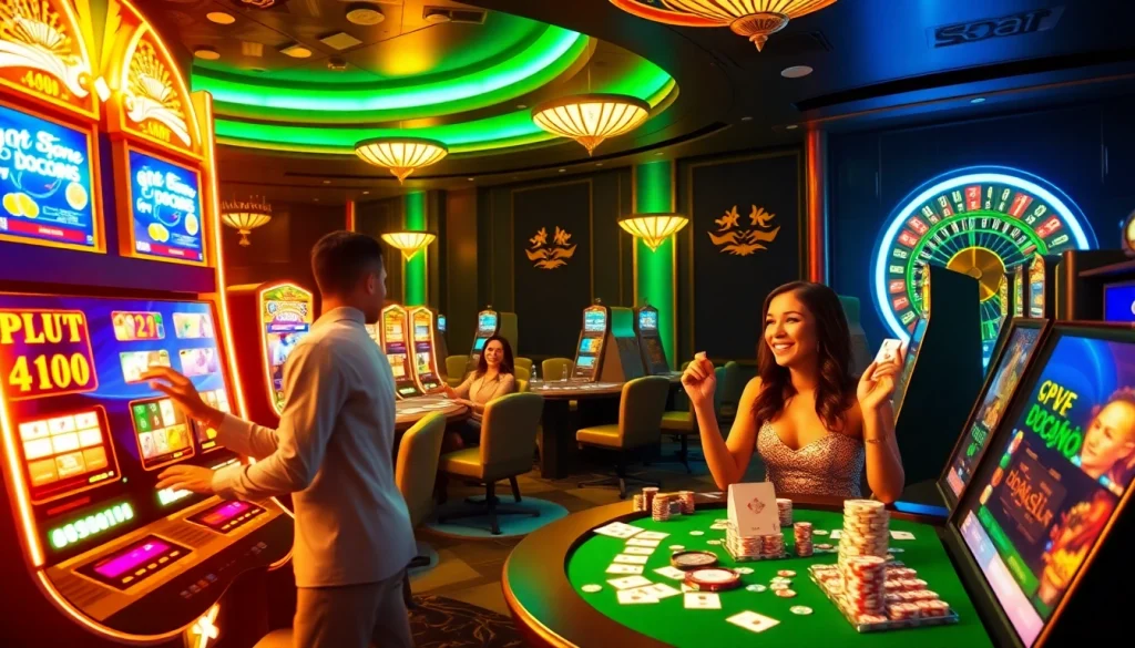 A vibrant casino scene featuring players engaging excitedly with the doaslot slot machine, luxurious tables, and colorful lights.
