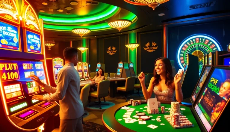 A vibrant casino scene featuring players engaging excitedly with the doaslot slot machine, luxurious tables, and colorful lights.