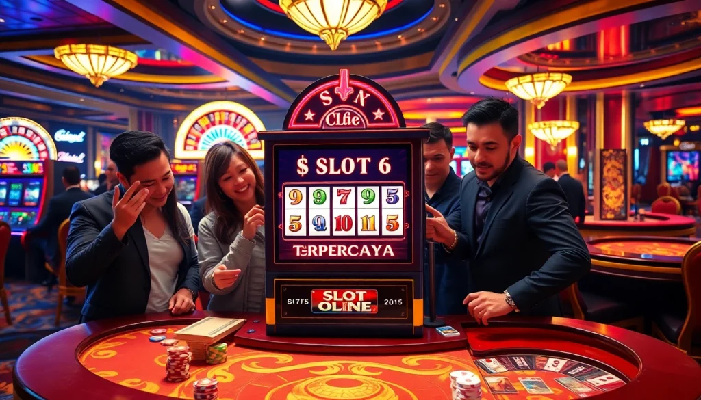 Gamblers enjoying the excitement of Slot Online Terpercaya at a vibrant casino setting.