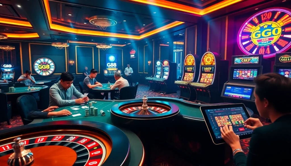 GG88 casino featuring poker tables, roulette wheel, and vibrant slot machines in a luxurious setting.