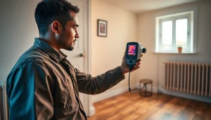Technician detecting a central heating hidden leak with thermal imaging equipment in a domestic setting.