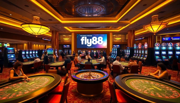 Exciting gaming at fly88 deal casino featuring roulette and poker tables.
