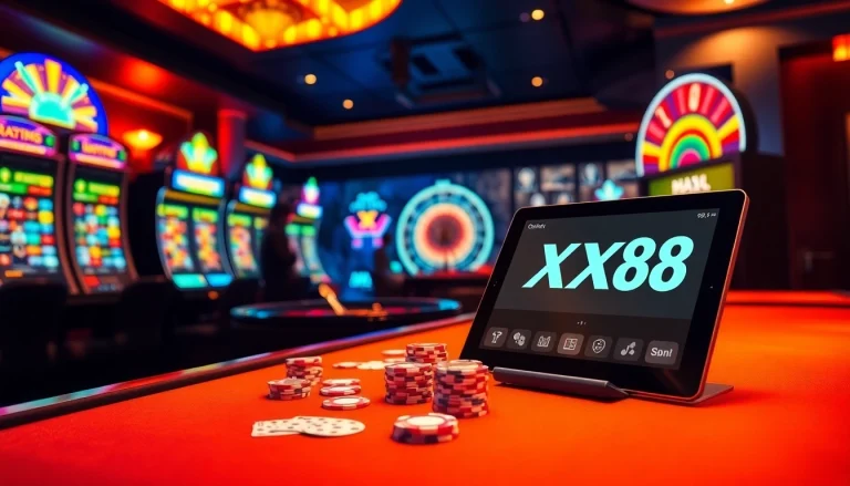 Bet on thrilling games at https://xx88.nl/ with vibrant casino tables and slot machines.