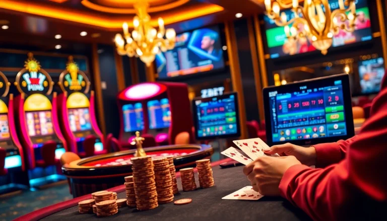 High-stakes poker game at zbet nhà cái with vibrant slot machines in the background.