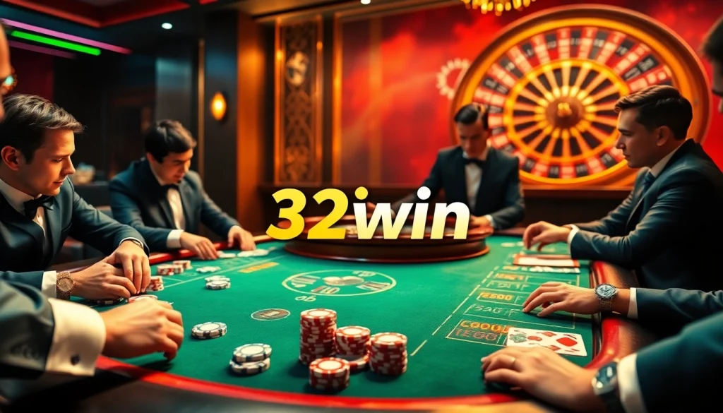 High-stakes poker action at a luxurious casino featuring 32win com gaming elements.