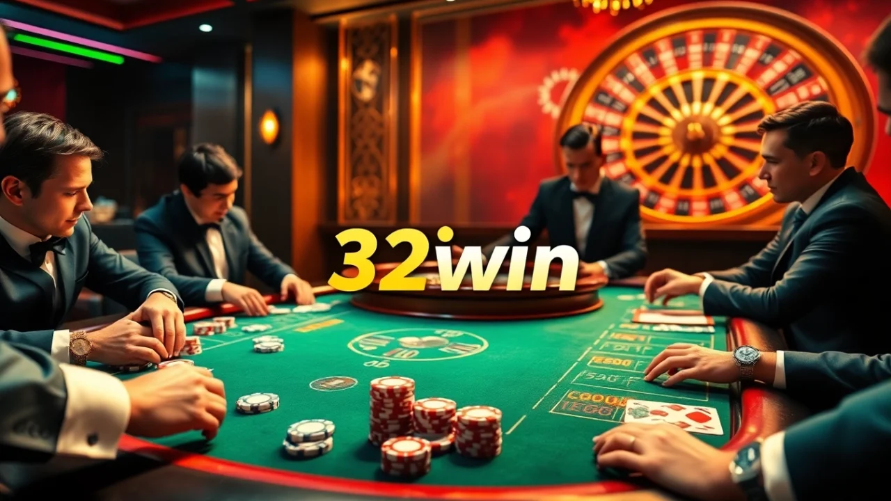 High-stakes poker action at a luxurious casino featuring 32win com gaming elements.