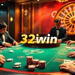 High-stakes poker action at a luxurious casino featuring 32win com gaming elements.