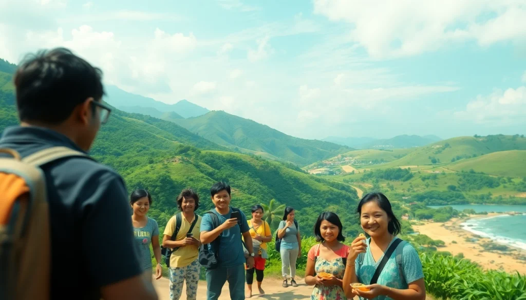 Explore the breathtaking landscapes of Hela Lanka, showcasing tourists engaging with local culture and stunning scenery.