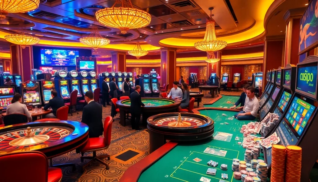 Players enjoying an exciting gaming session at jun88 com with vibrant casino tables and slot machines.