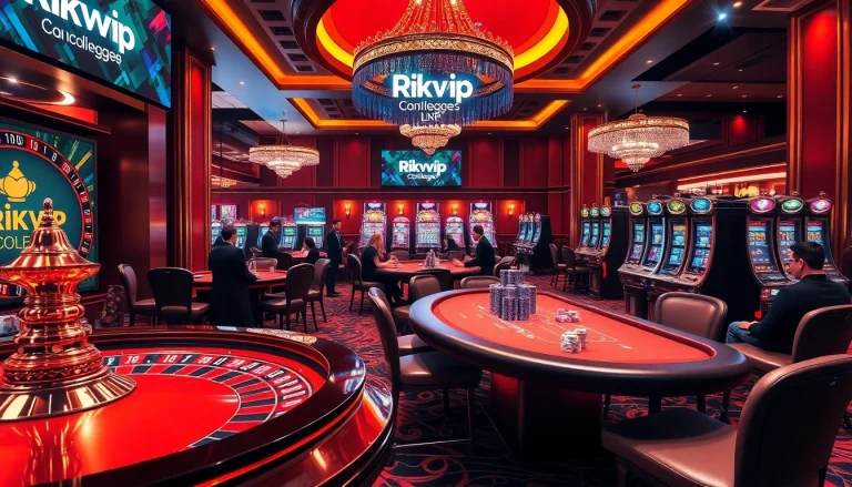 A vibrant casino scene showcasing professional players engaging with games at https://rikvip.college/, emphasizing excitement and high stakes.