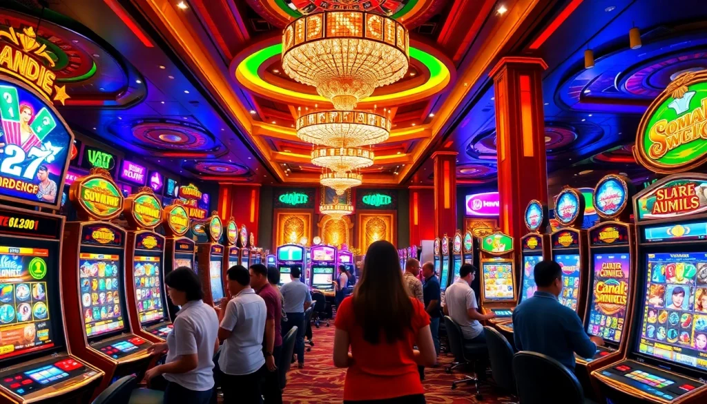 Situs Slot Gacor enthusiasts reveling in a vibrant casino ambiance at luxurious slot machines.